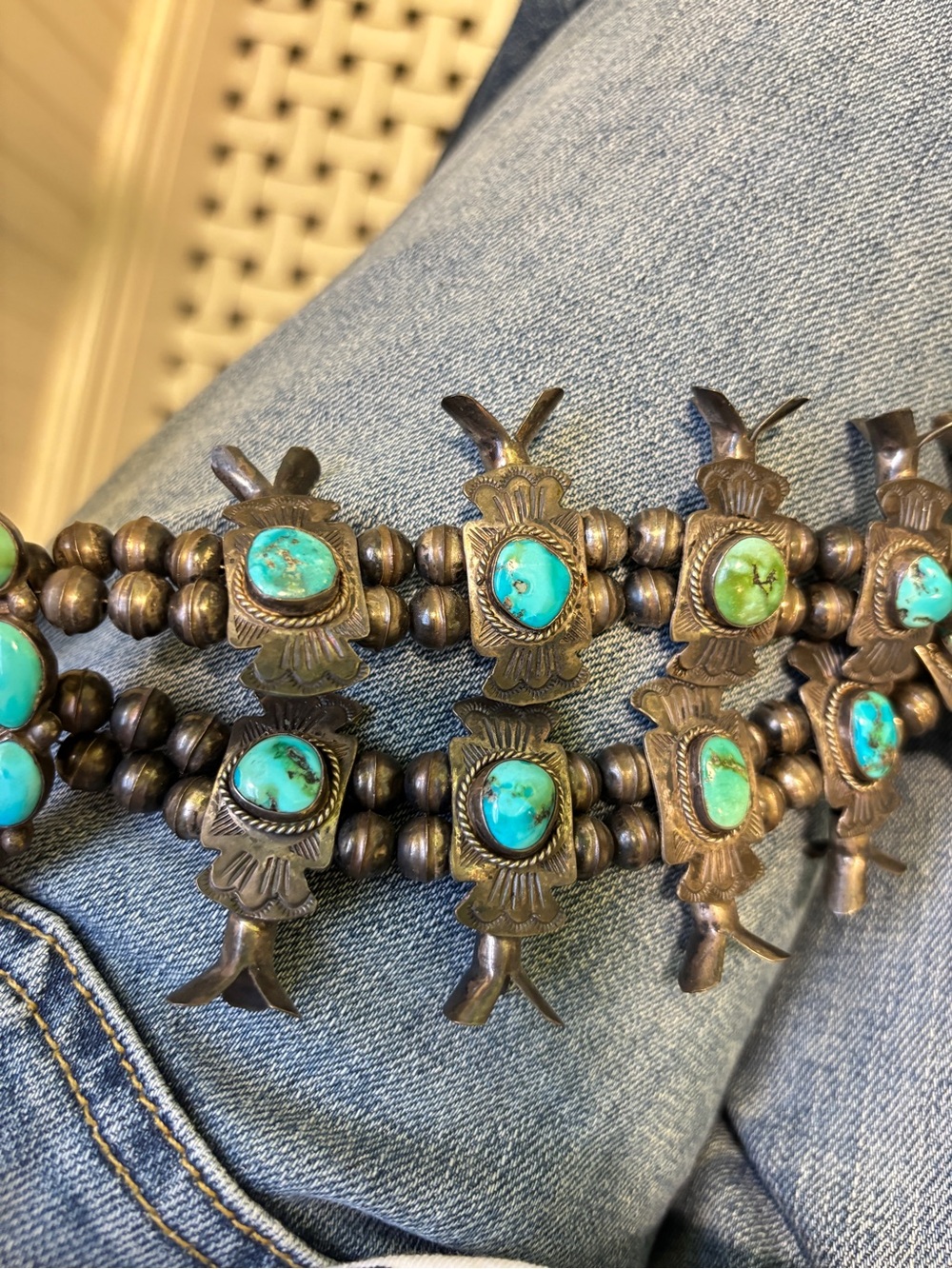 Estate/Vintage exquisite Turquoise and Sterling silver squash Blossom Necklace - Picture 14 of 14